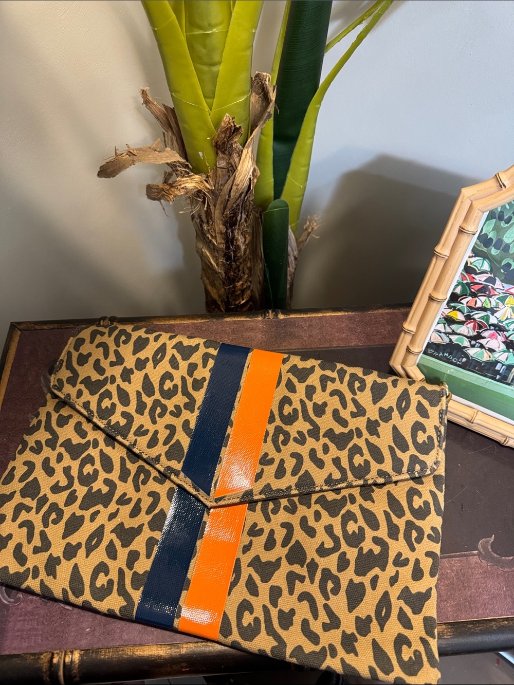 Leopard Print Clutch with Navy and Orange Stripe
